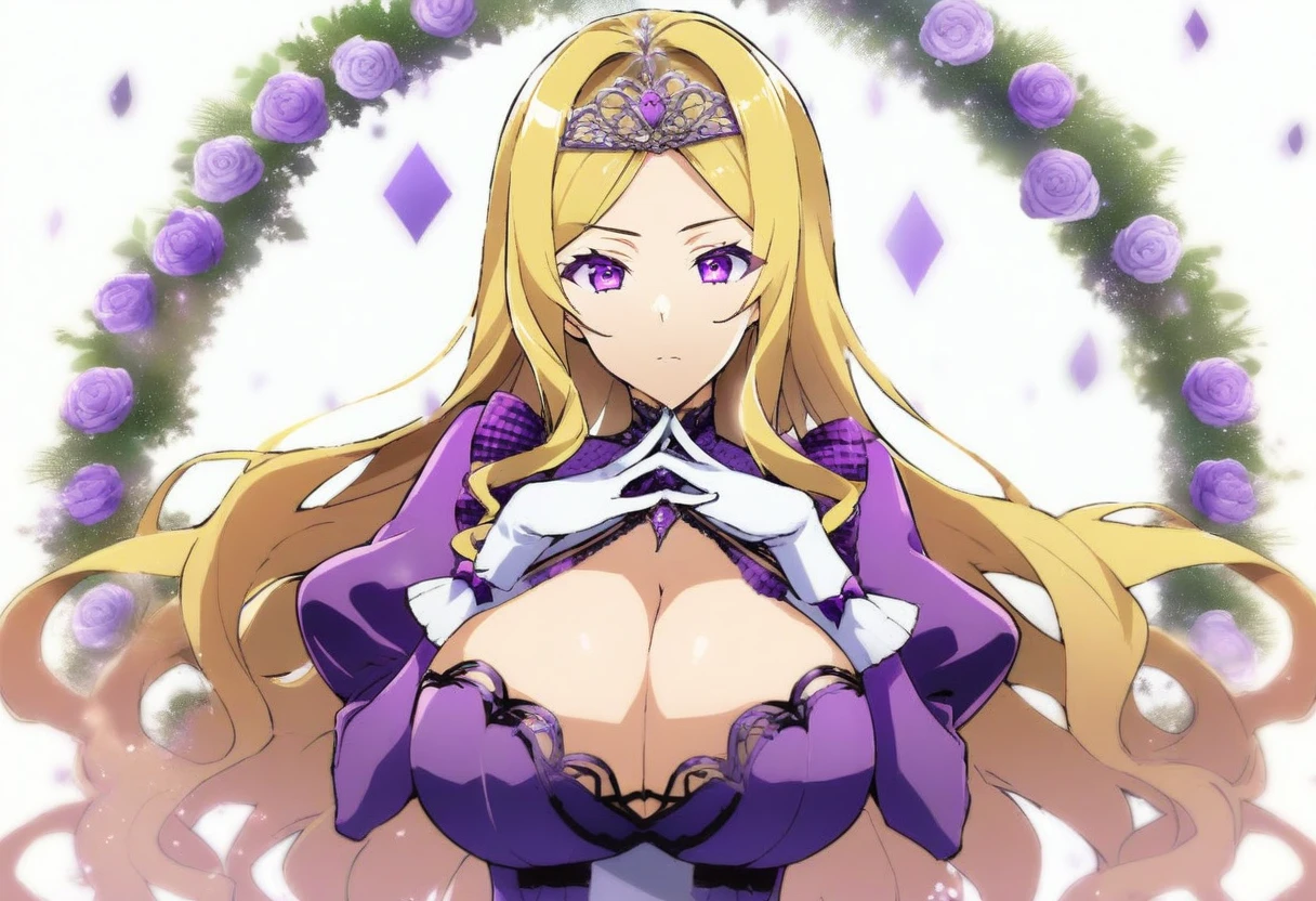 score_9, score_8_up, score_7_up, 1girl, blonde hair, solo, long hair, flower, dress, tiara, white dress, gloves, long sleeves, thick eyeblows, purple eyes, white gloves, purple bow, purple flower, wavy hair, standing, bow, jewelry, looking at viewer, white background, closed mouth, collarbone, puffy sleeves, own hands together, upper body, parted bangs, very long hair, purple dress, frills, bangs, cowboy shot, huge breast, cleavage