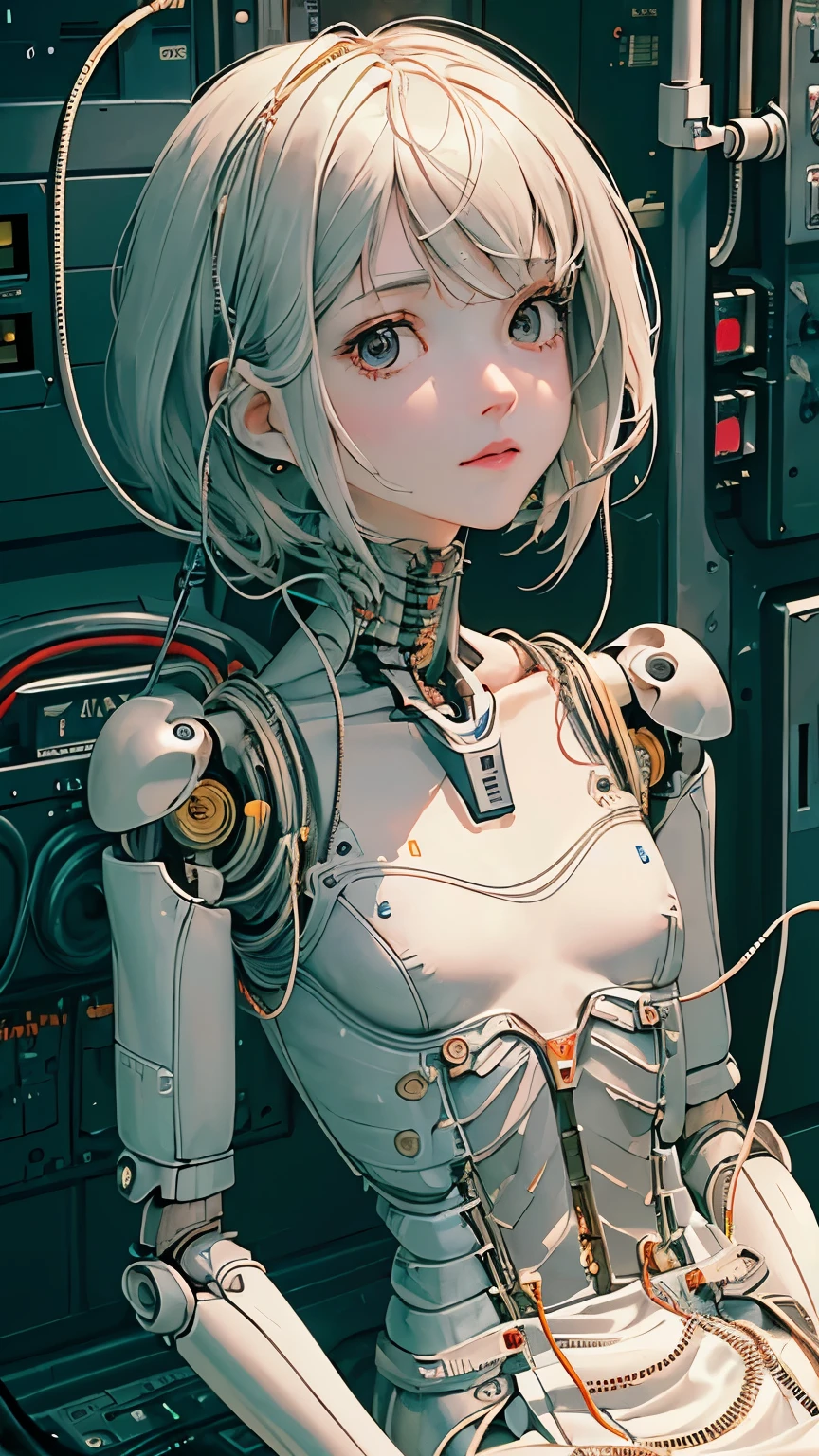 (((masterpiece))), (((best quality))), ((Super detailed)), (Highly detailed CG illustrations), ((extremely delicate and beautiful)),(Cute and delicate face),film light,((1Mechanical Girl)),alone,whole body,(Machine made joints:1.4),((mechanical limbs)),(explosive muscles),(blood vessels connected to tubes),(A brain in a container:1.3),((Mechanical vertebrae attached to the back)),((Mechanical cervical spine attached to the neck)),((sitting)),Poker face,(Wires and cables connected to the head and body:1.5),small breasts,short hair,(Character focus),Science fiction