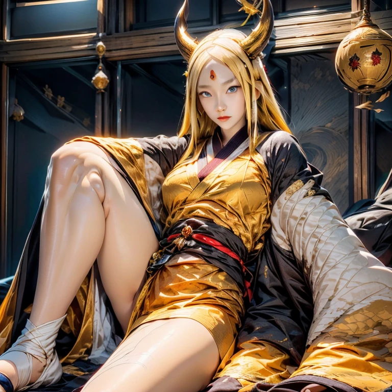 kaguya otsutsuki sitting down , gold hair, golden horns, blue eyes (tenseigan), gold third eye