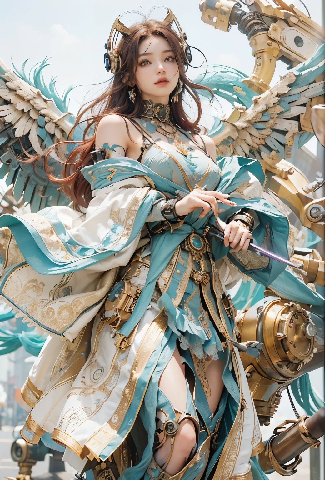 (masterpiece, best quality:1.2), (8k uhd, 16k, 32k, ultra high res), (photorealistic:1.37), (RAW photo), ultimate-realistic, ultimate-realistic details, ultimate-realistic texture, ultimate-intricate details, ultimate-realistic lighting, ultimate-realistic shadow, japanese girl, ultimate-cute face, ultimate-RAW skin, ultimate-realistic eyes,、(Steampunk Battle Cyborg fallen angel)、large wings made of metal、black porcelain body、red  hair、glowy skin、1 Cyborg girl、(mechanical frame:1.3)japanese, extremely cute face,  ((super realistic details))、portrait、globalillumination、Shadow、octan render、8K、ultrasharp、character edge light、Details of complex ornaments、Acrylic Clear Cover、Sumerian details、Hydraulic cylinder、Small LED lamp、highly intricate detail、Realistic light、a purple eye、radiant eyes、Facing the camera、neon details、cowboy  shot、Futuristic headgear、About Cyberpunk