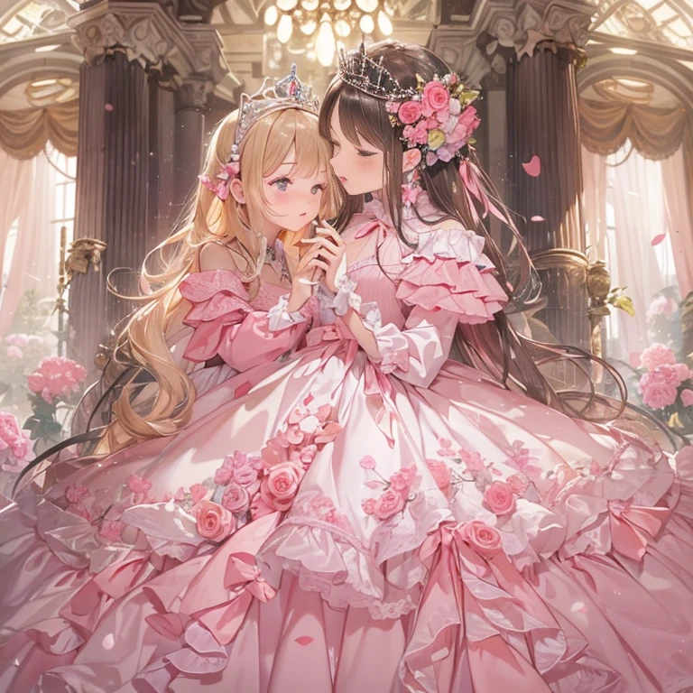 highest quality, masterpiece, highest resolution, artwork, super それにget used to it, many get used to it, get used to it, それにget used to it, woman, 10 years old,the two girls are princesses,((pink victorian voluminous ball gown dress)),long sleeve,long dress,A dress with lots of frills and ribbons...wears a tiara on her head,luxury,two people kiss,