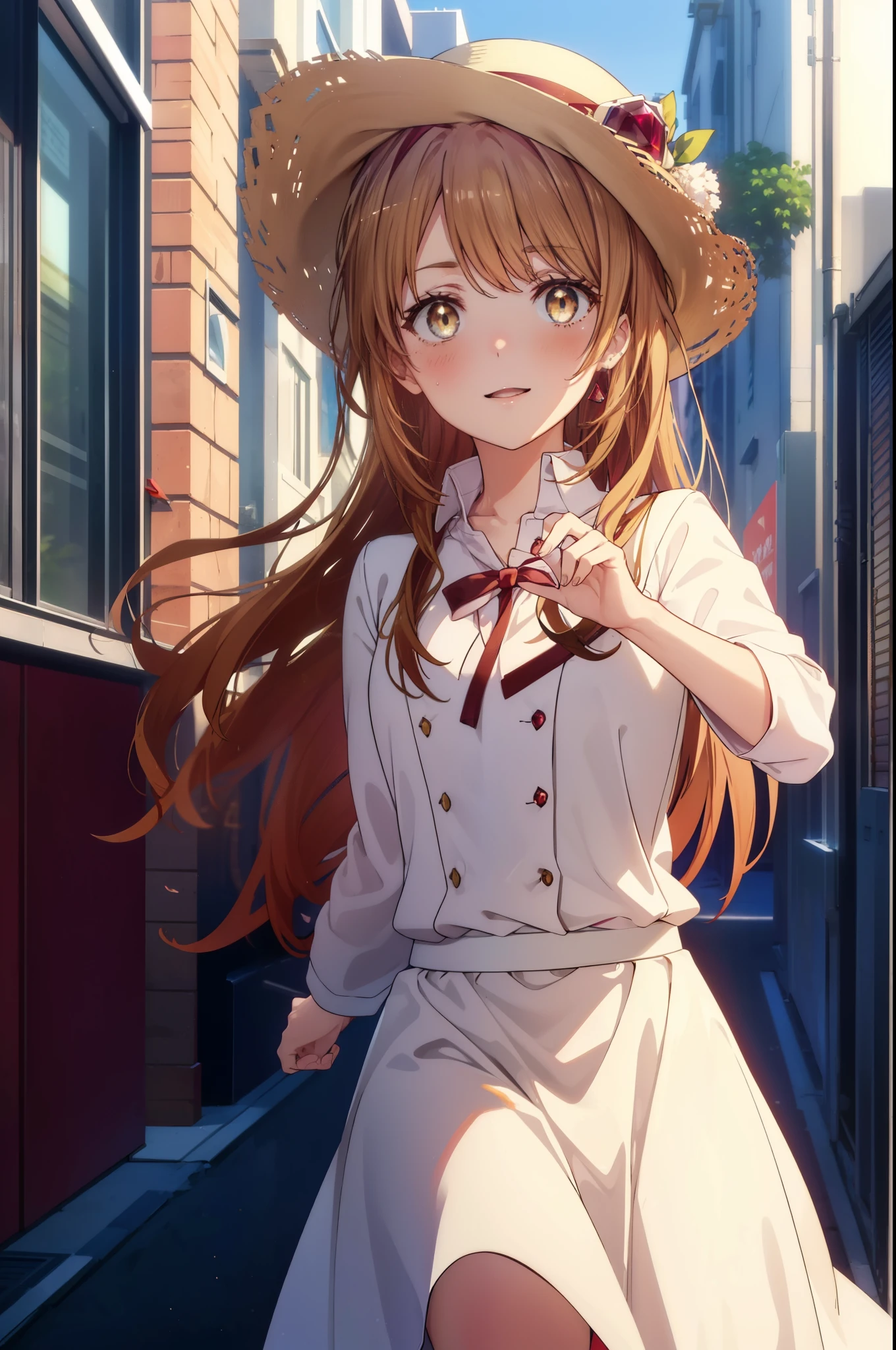 irohaisshiki, Isshiki Iroha, long hair, light brown hair, (Brown ruby eyes:1.5), White long skirt integrated dress,No sleeve,Cute Sandals,straw hat,happy smile, smile, open your mouth,daytime,clear sky,Looking down from top to bottom,whole bodyがイラストに入るように,
break outdoors ,building street,city,
break looking at viewer,whole body,(cowboy shot:1. 1)
break (masterpiece:1.2), highest quality, High resolution, unity 8k wallpaper, (shape:0.8), (beautiful and detailed eyes:1.6), highly detailed face, perfect lighting, Very detailed CG, (perfect hands, perfect anatomy),