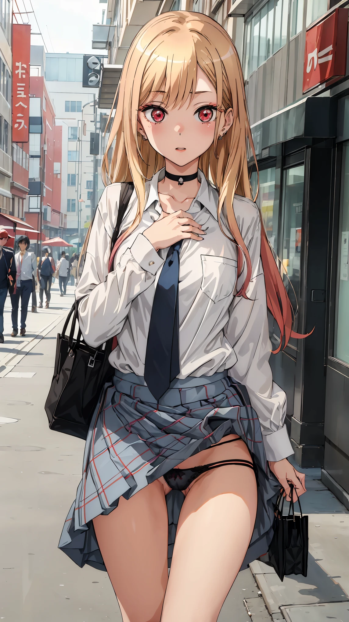 masterpiece, highest quality, High resolution, kitagawa marin sb, The centre of gravity is at the rear, 1 girl, blonde hair, long hair, colorful hair, red eyes, jewelry, earrings, earrings, , white shirt, tide shirt, black choker, blue tie, plaid skirt, (full body), Lace black panties,(show panties:1.3), (panty shot:1.3), ((the chest of the shirt is open)), outdoor, shopping