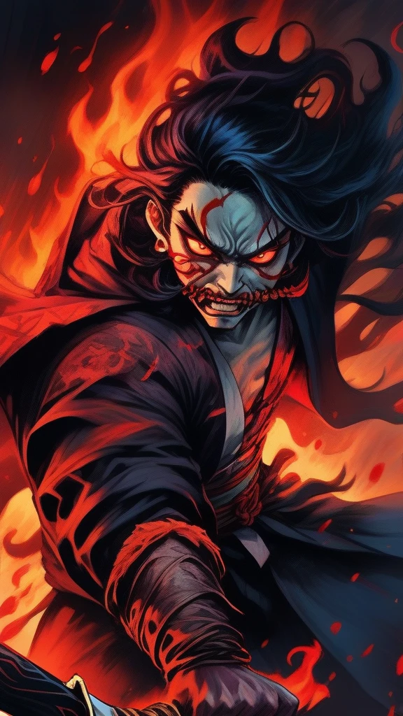 (best quality,ultra-detailed),demon slayer, vibrant colors, intense action, dynamic movement, fierce expression, flowing hair, demon blood art, powerful demon slaying, katana, fiery background, determined eyes, demon horns, fearless warrior, epic battle scene