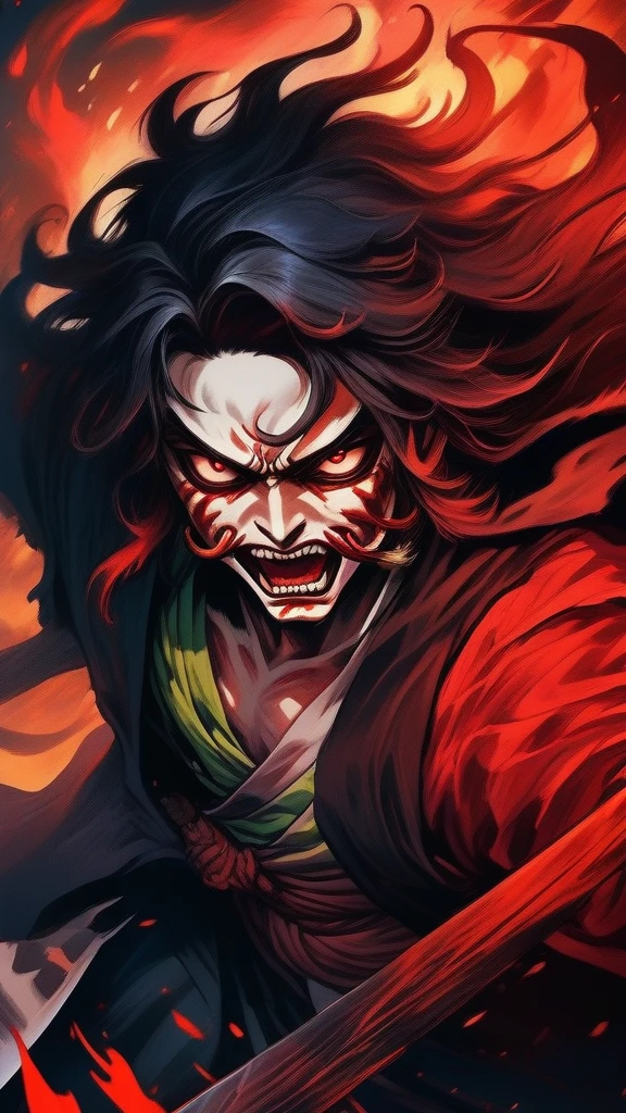 (best quality,ultra-detailed),demon slayer, vibrant colors, intense action, dynamic movement, fierce expression, flowing hair, demon blood art, powerful demon slaying, katana, fiery background, determined eyes, demon horns, fearless warrior, epic battle scene