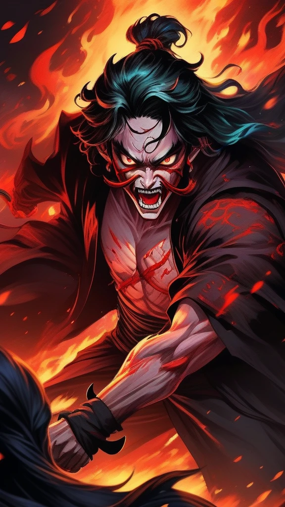 (best quality,ultra-detailed),demon slayer, vibrant colors, intense action, dynamic movement, fierce expression, flowing hair, demon blood art, powerful demon slaying, katana, fiery background, determined eyes, demon horns, fearless warrior, epic battle scene