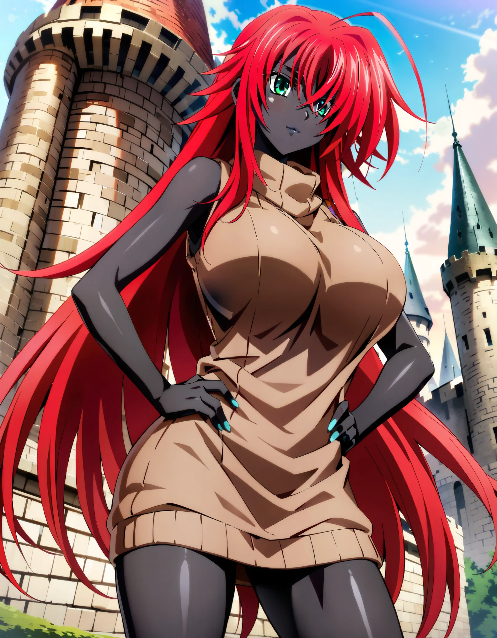 masterpiece, high quality, extremely detailed, 1girl, solo, (dark skin, black skin:2.1), sysdeep_rias, (huge breasts:1.2), ((((red hair), ahoge, long hair, hair over one eye, aqua eyes))), blue lips, (((sweater dress, sleeveless))), ((light smile), closed mouth), ((hands on own hips, outdoor, castle))