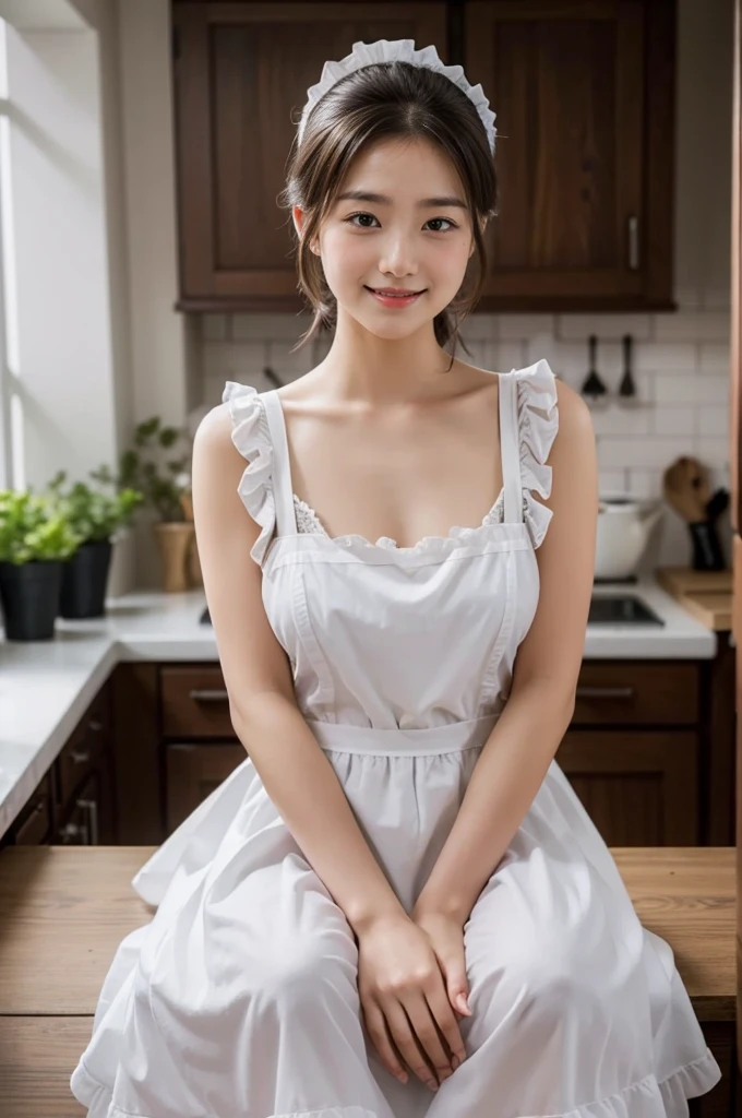 hightquality、​masterpiece、ultra res、cute girl face、kitchin、barechested、pinafore、Naked apron、full bodyesbian、Famous actresses of Japan、very beautiful face