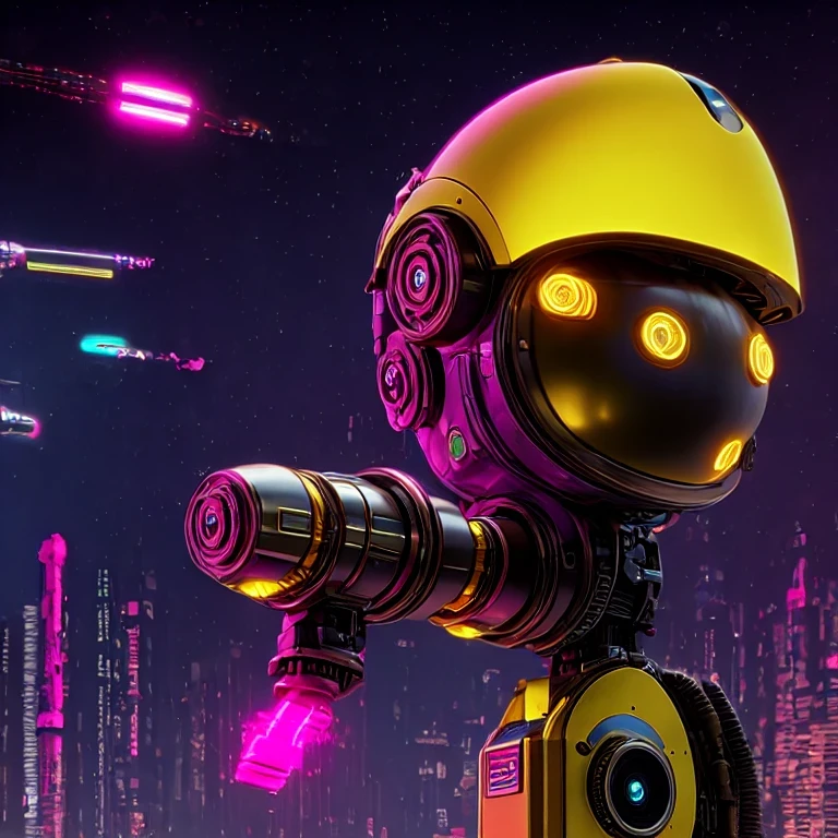 side close-up，a close up of a robot with a glowing head and a purple background, cyber mech, in style of beeple, cyberpunk pikachu, style hybrid mix of beeple, 3 d render beeple, cute elaborate epic robot, beeple masterpiece, cyberpunk art style, yellow mech, beeple!!, cyber steampunk 8 k 3 d（（（future）））（Telephoto micro-angle shift）