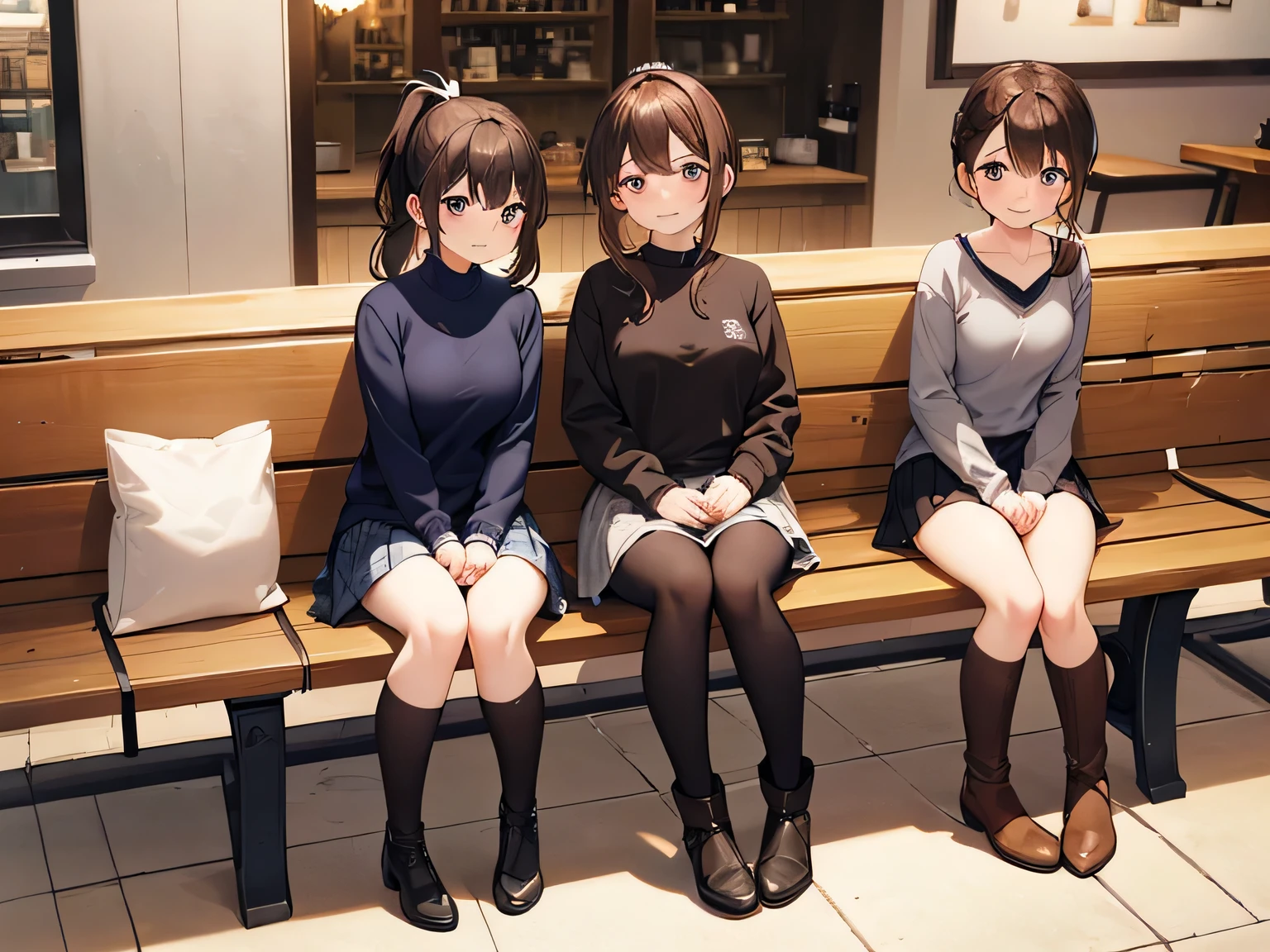 (masterpiece、highest quality、High resolution、realistic pictures、real looking skin:1.1)、
(Three women are sitting on chairs in a cafe:1.5)、
(All three of them have short skirts so their panties are visible.:1.8)、
(she has a grinning expression on her face:1.5)、
(The first person is wearing a red long-sleeved hoodie, a denim miniskirt, brown long boots, and has short brown hair.:1.5)、
(The second person is wearing a V-neck long-sleeved knit, a navy blue pleated miniskirt, black long boots, and has long black hair.:1.5)、
(The third person is wearing a long-sleeved turtleneck sweater, a black houndstooth miniskirt, long black boots, and brown hair in a ponytail.:1.5)、
(The location is a bench in a cafe.:1.5)、
1 Japanese girl、full body esbian、beautiful eyes、shining eyes、Shining thighs、NSFW