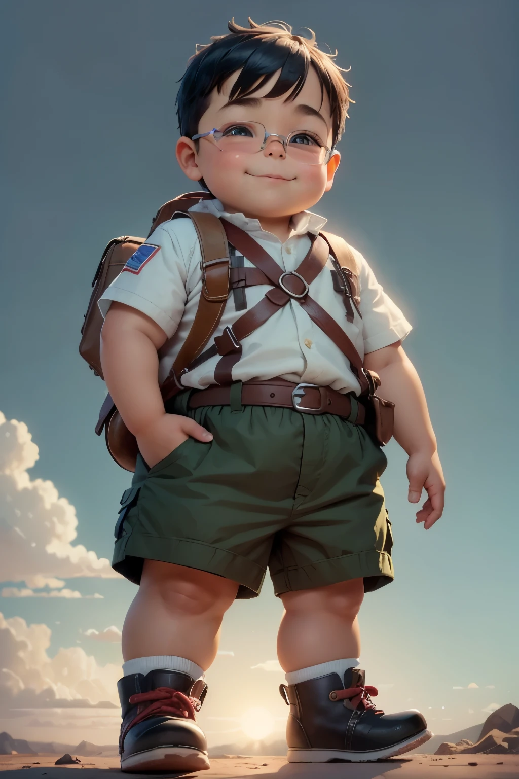 scout traveler, (artistic), cartoon-like, (toy like), short and fat little boy, like the movie là-haut ,detailed, funny, standing proudly, (best quality, high-res, ultra-detailed), colorful, vibrant, soft lighting, smiling eyes, wearing sun-glasses