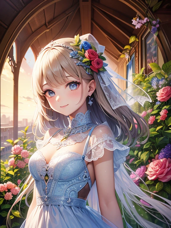 ((highest quality)),(ultra high resolution),(Super detailed),(detailed description),((The best CG)),(best work of art),super precision art,Amazing drawing art,(Fantasy art with intricate detail:1.5), (1 female:1.6),(Beautiful and well-shaped face:1.5),smile:1.7,(A dress with very detailed and delicate flowers..:1.6),accessories:1.5, warm sunshine:1.3,Wind:1.2,birdie:1.3,Small animals:1.1