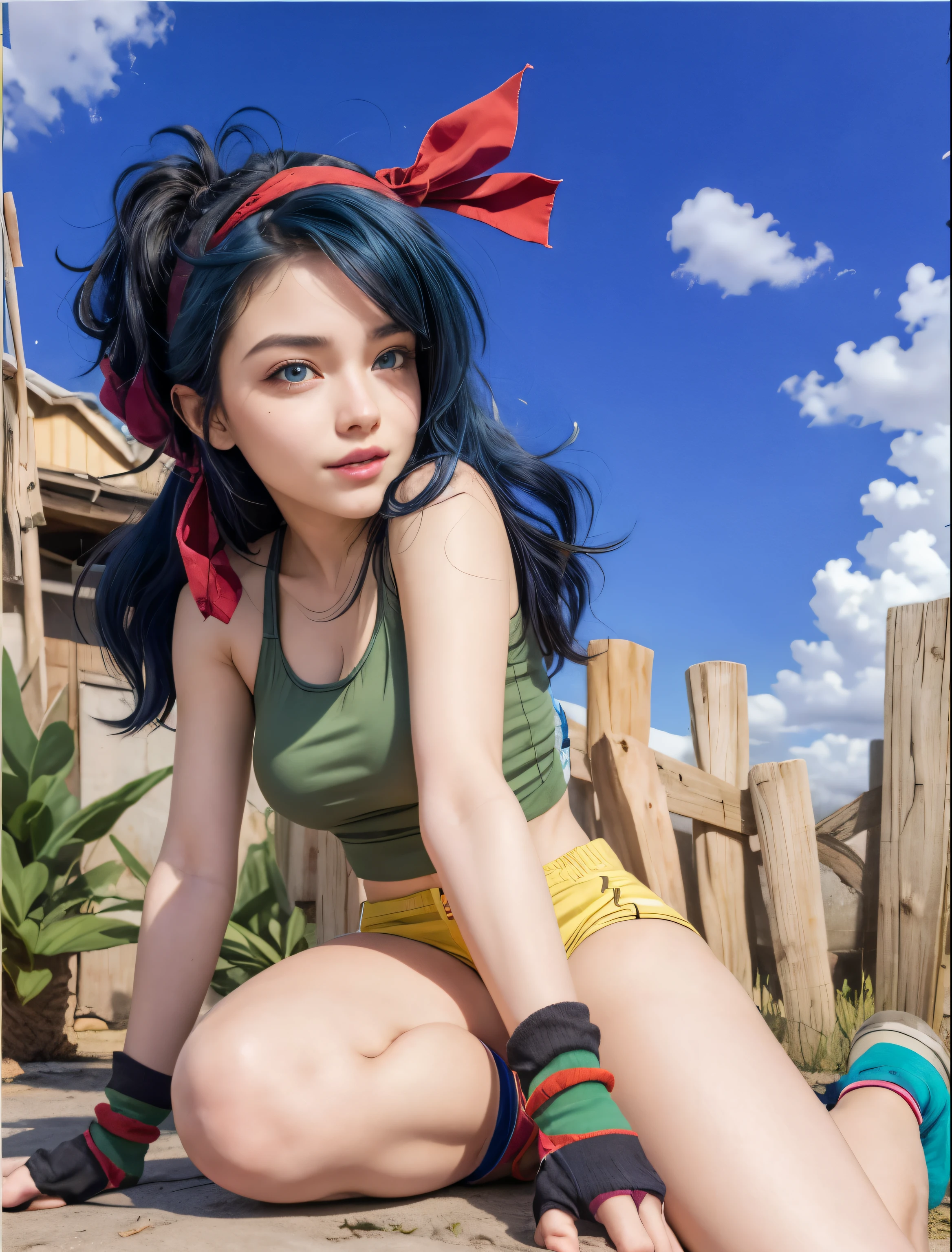 beautiful young woman with long dark blue hair, light blue eyes, and fair skin. She wears a red bandana tied around her head, a short green tank top, a yellow short shorts,green socks and brown shoes. Beautiful large ??????, beautiful body and face.
Text" SaiyanSnaps"