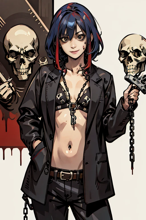 highest quality, High resolution,(A frame made up of chains and skulls),Cute zombie girl、Bloody chainsaw、Splattering blood、amusement park、small eyes、small breasts, Mr.々colored hair, realistic, masterpiece, super detailed, 8K, epic realistic, beautiful、Underwear made of chains and skulls、