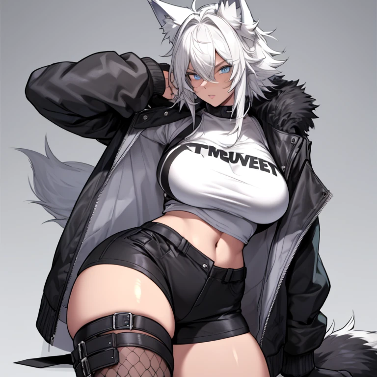 Single boy, Anime tomboy, Short, Long white hair, wolf ears, wolf tail, blue eyes, wearing hotpants, thigh high fishnets, black combat boots, wearing fur lined open jacket, wearing cropped t-shirt, solo tomboy, only one female ((big breasts)) solo, alone, (SOLO)(ALONE) thicc thighs, wide hips, blue eyes, perfect eyes, perfect face, pouty lips, happy, thong, 