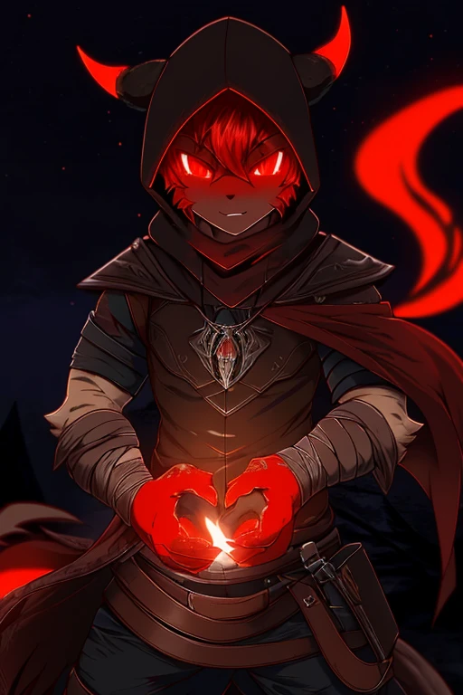 nijistyle, cowboy shot of demon hunter, hood up, faceless,  glowing red eyes, torn brown coat, pauldrons, black vest, red scarf, bandages, pendant, fantasy, night, dark atmosphere