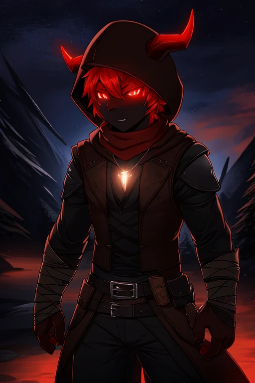 nijistyle, cowboy shot of demon hunter, hood up, faceless, glowing red eyes, torn brown coat, pauldrons, black vest, red scarf, bandages, pendant, fantasy, night, dark atmosphere