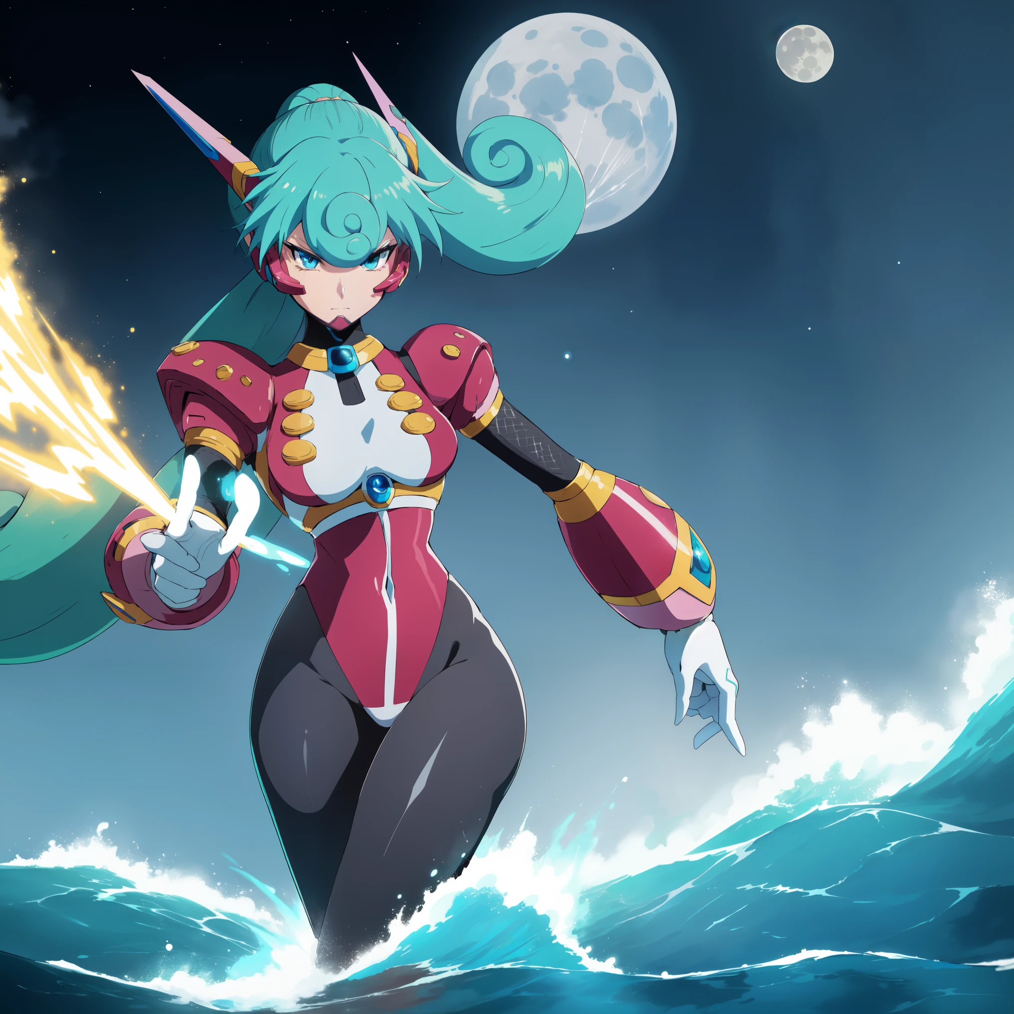 marino_megamanx, 1girl, green hair, blue eyes, ponytail, detailed face, breasts, high quality, masterpiece, surrounded by water and a small moon, in the style of vivid energy explosions, anime art, dark palette, sharp and angular, dragon art, 8k, whirring contrivances