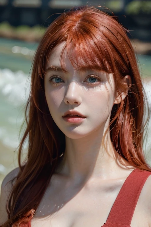 ( masterpiece, top quality, best quality,8k,17 years old girl,ultra detailed,raw photo:1.5),(photorealistic:1.4), (bangs,red hair:1.5), (cinematic lighting), PerfectNwsjMajic, , Surrealism, UHD, ccurate, Super detail, textured skin, High detail, Best quality, dynamic angle, White skin,[Beautiful blue eyes], high nose,[flat chest:large breasts:0.5],(1girl),(good anatomy:0.5)),(outside,river, portrait:1.5),dress