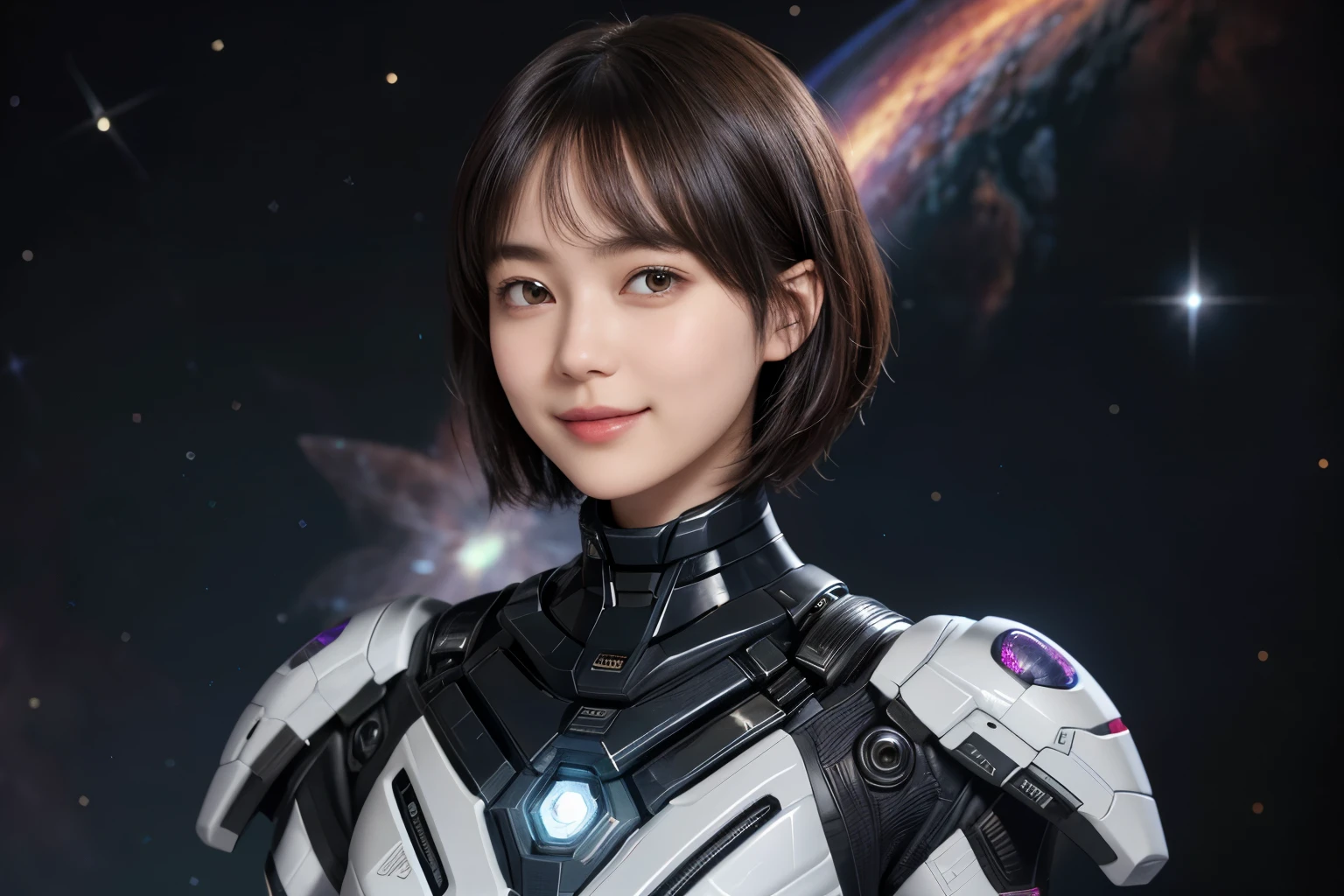 208 Short Hair, 20 year old female, Floral, gentle smile, futuristic clothes, mechanical suit, (The background is a galaxy and nebula)
