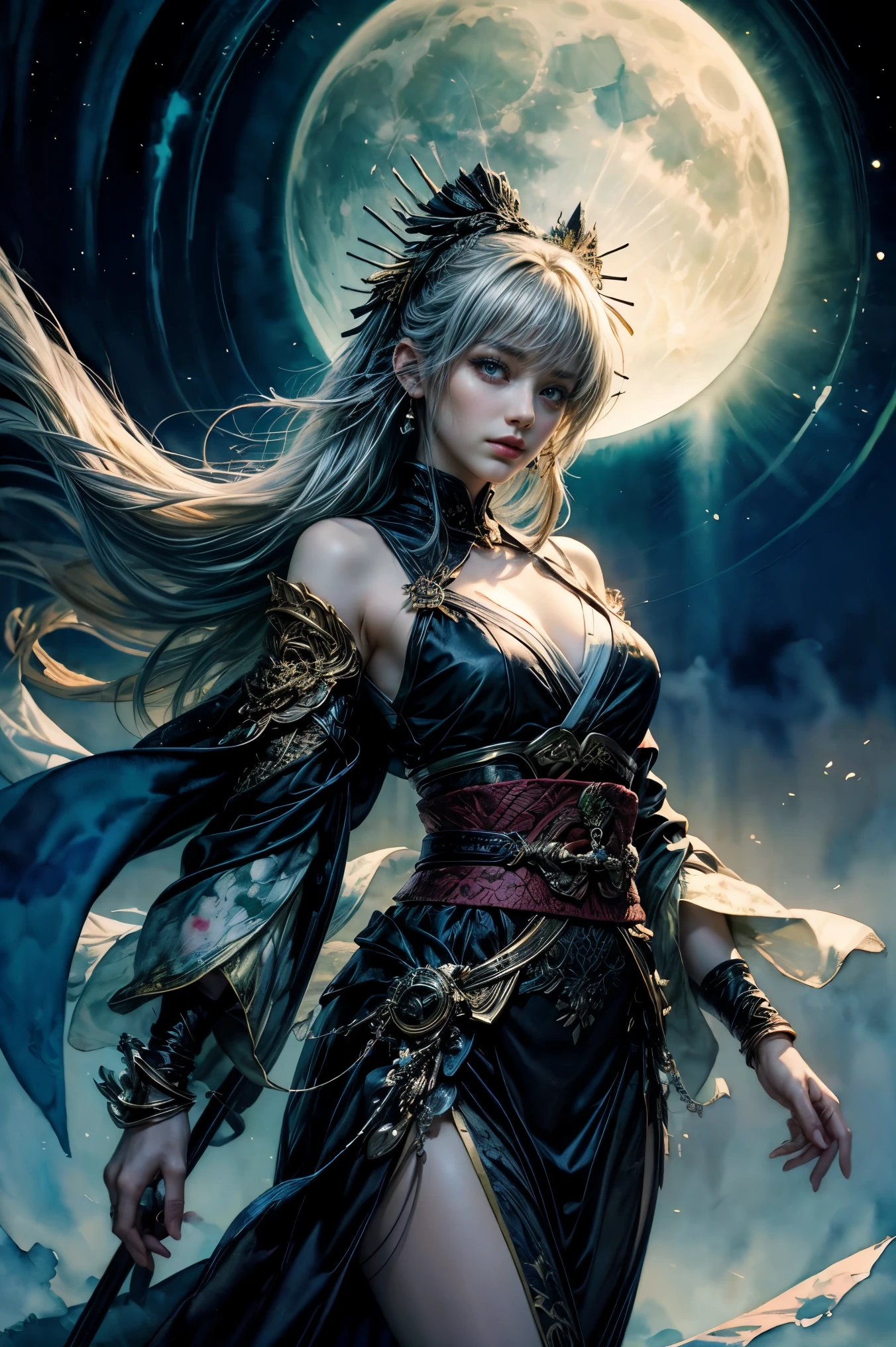 (table top, highest qualityの, highest quality, official art, (beautiful and aesthetic:1.4), (watercolor painting:1.4) ), (Tsukiyami:1.5), Japanese mythology god々々々々々, dignified beauty, goddess of the moon、goddess of life、reincarnation support, God's grace, calm and meditative expression, flowing heavenly garments, A silvery glow illuminated all the landscapes on Earth, dazzling light dance, whispers of ancient legend