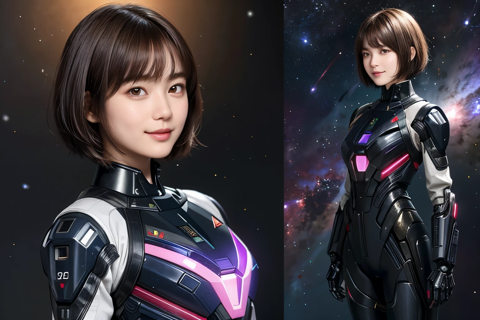 208 Short Hair, 20 year old female, Floral, gentle smile, futuristic clothes, mechanical suit, (The background is a galaxy and nebula)