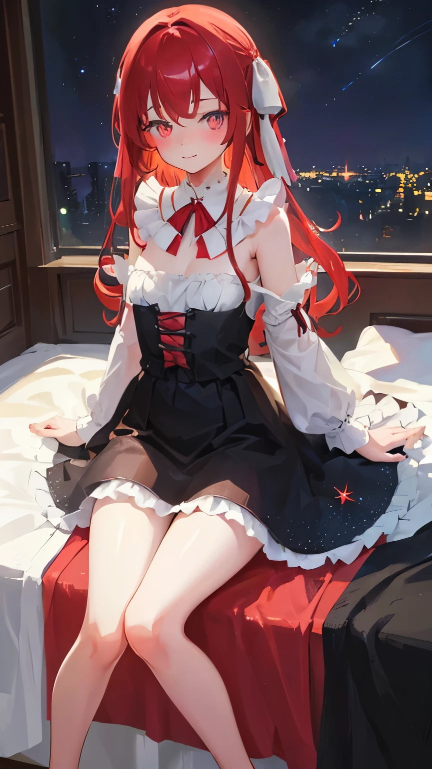Prompt: (1girl), (loli), hair into a ribbon, hair ribbon, black ribbon, medium long hair, red hair, on one side hair spiral, (beautiful red starry eyes:1.5), sidelocks, (small breast:1.2),
BREAK strapless red dress, black ribbon, black thighs 40,
BREAK indoors, laying on bed, sexy pose, cute,
BREAK looking at viewer, half closed eyes, smile, closed mouth, pervert look, NSFW, touching her skirt
BREAK (masterpiece:1.2), best quality, high resolution, unity 8k wallpaper, (illustration:0.8), (beautiful detailed eyes:1.6), extremely detailed face, perfect lighting, extremely detailed CG, (perfect hands, perfect anatomy), BREAK masterpiece, best quality, ultra-detailed, illustration, kawaii, detailed light, happy, smile, blush, Highlights hair, hair, beautiful detailed body, detailed sparkling eyes, 1girl, looking at viewer, cowboy shot, showing skin, buttocks, black tights tender 40, perfect limbs, on bed, legs open, show vaginal rupture, cum mouth BREAK ((correct five fingers)), ((correct hands)), ((correct arms)), ((correct legs)), ((correct feet’s))