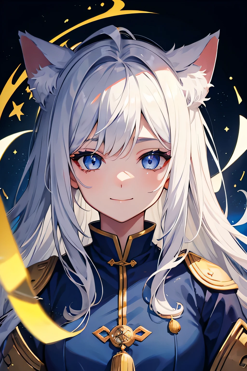 semi-long,silver hair,pretty girl.wizard,Cat ear,Right eye is yellow,Left eye is blue,gentle smile,icon,seems kind,odd eye,Chinese clothes,Eye-catching