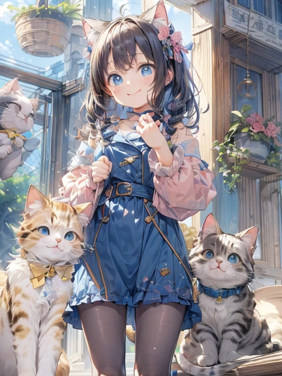 absurd, super detailed,bright colors,(8K:1.5),Masseter muscle part,clear eyes,Please stick your tongue out a little.,(standing cat pose:1.3),(The smile is too cute:1.3),(anthropomorphic cat:1.3),(deep blue eyes:1.4),(Fluffy clothes:1.3),brain out,pink skin、summer morning,nobara、exact 5 fingers、smiling cat