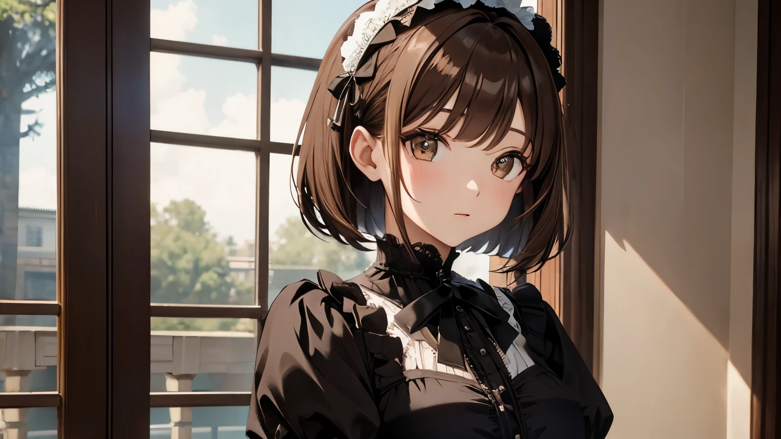 Beautiful woman wearing a Gothic Lolita dress brown hair bob