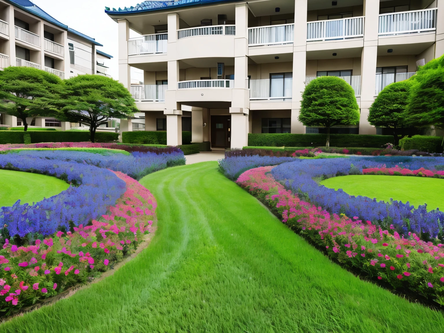 Wide blue lawn、Flower bed in front、Hotel building in the rear