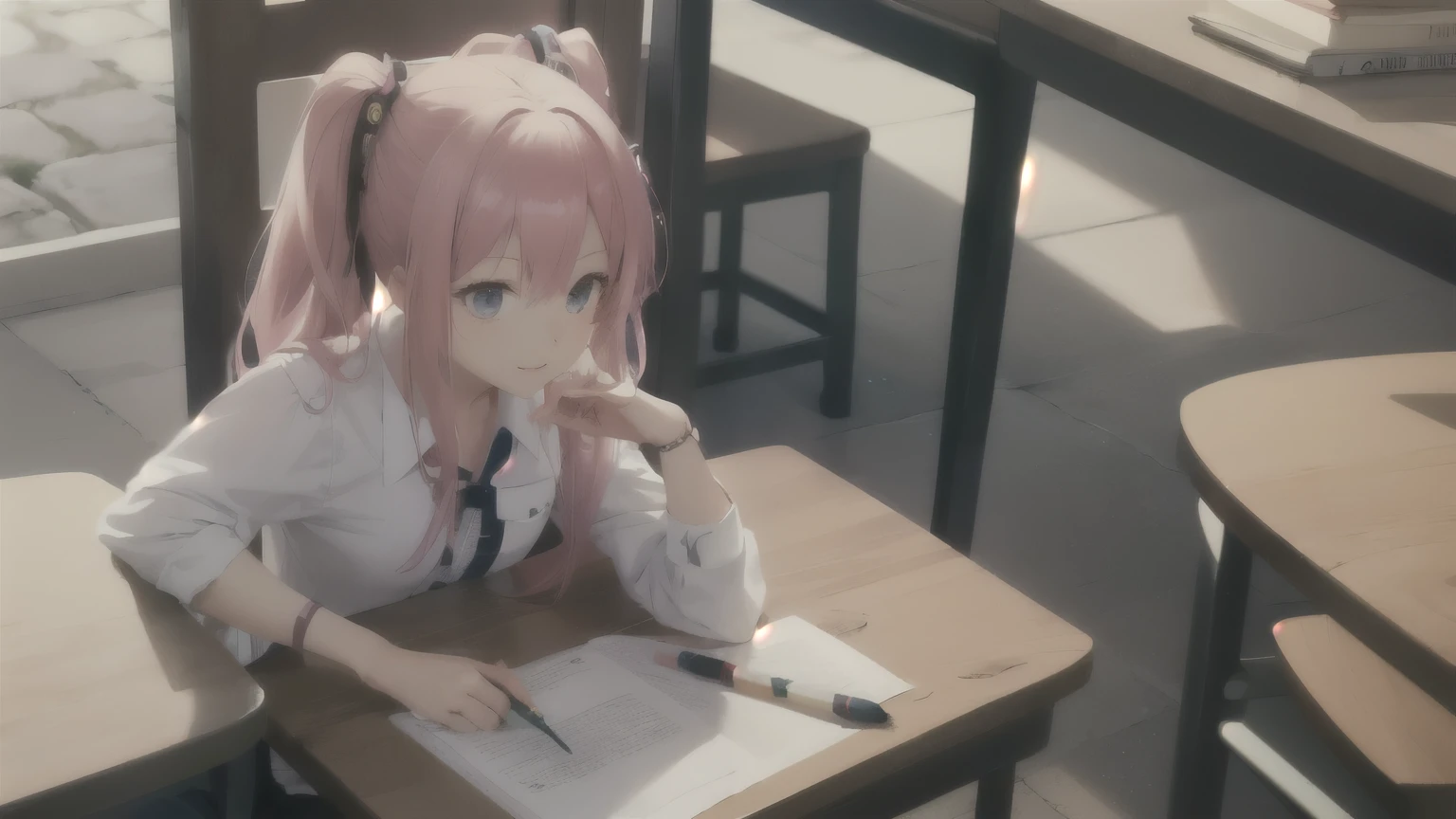 There is a girl sitting at a table with a book and a pencil, anime 3 d スタイル, cute girl drawing, 3Danime, 美しいanimeの女子高生, animeのアートスタイル, 滑らかなanime CG アート, かわいいanimeの女の子, 現実的な若いanimeの女の子, realistic art style, cute realistic portrait, anime, animeアートスタイル, 美しいanimeの女の子
