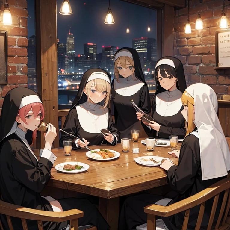A group of  nuns, (in tavern), various hair styles, harem, night, details face, seducing, sleeveless