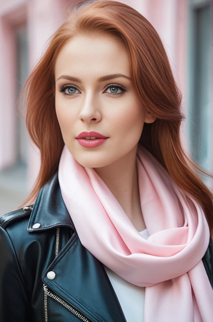 A close-up portrait of a gorgeous, beautiful, stunning russian woman wearing a classy outfit: a black leather jacket, a white blouse, and a pastel pink scarf. A redhead woman from Russia, delicate rose lips, pastel pink skin tone, soft flawless pale skin, soft make-up, bright pink lipstick. Classy, elegant, stylish redhead woman, a majestic lady, dream beauty, ethereal beauty, delicate, sensitive, tender, lovely, romantic, kind, so femenine and strong, brave, pushing, spirited, lively, brisk determined woman. Elegant look, flowing and glowing layered wavy ginger hair.She's making a photo book, fall-winter season. smiling at camera, professional photograph, editorial photograph, modeling photograph, portrait photo of a russian model.