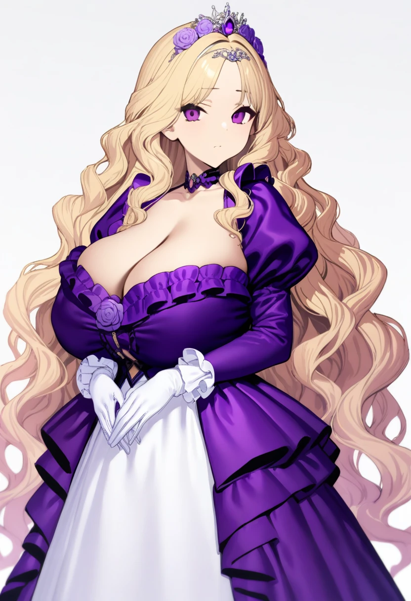 (masterpiece, best quality), 1girl, blonde hair, solo, long hair, flower, dress, tiara, white dress, gloves, long sleeves, thick eyeblows, purple eyes, white gloves, purple bow, purple flower, wavy hair, standing, bow, jewelry, looking at viewer, white background, closed mouth, collarbone, puffy sleeves, own hands together, upper body, parted bangs, very long hair, purple dress, frills, bangs, cowboy shot, huge breast, cleavage