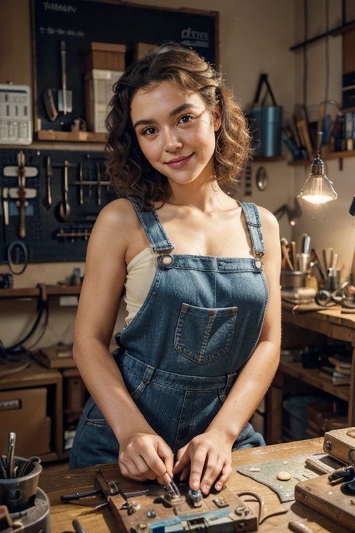 A girl in a workshop,artistic tools,meticulously detailed face,expressive eyes,precise lines on the nose,beautifully defined lips,curly hair,playful smile,creative genius,working on a mechanical invention,vintage machinery,sparkling wrench,glowing soldering iron,toy-like gadgets,innovative designs,animated personality,adorable outfit,blue denim overalls,brown boots,holding a tiny screwdriver,partially disassembled contraption,tools scattered around,organized chaos,comfortable workbench,well-lit space,soft pastel colors,creative energy flowing,happy and focused expression,inspired surroundings,cute and whimsical atmosphere,masterpiece:1.2,high-resolution 