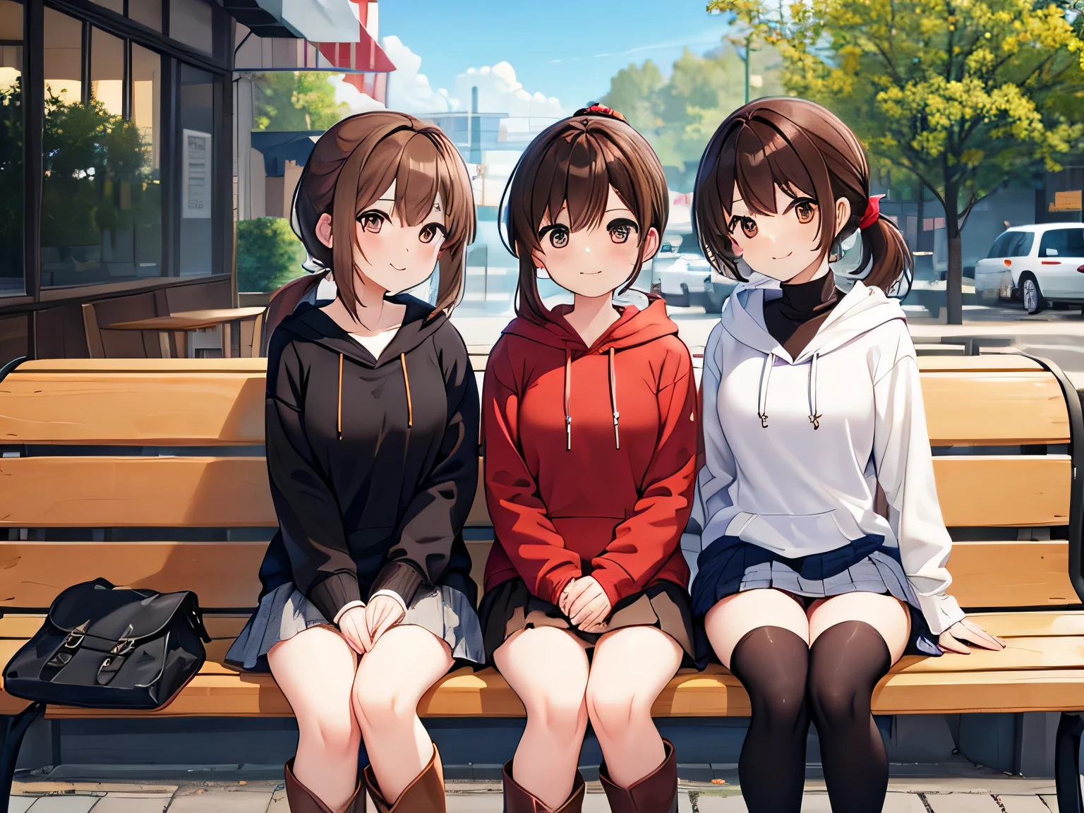 (masterpiece、highest quality、High resolution、realistic pictures、real looking skin:1.1)、
(Three women are sitting on chairs in a cafe:1.5)、
(All three of them have short skirts so their panties are visible.:1.5)、
(All three have smiling expressions:1.5)、
(The first person is wearing a red long-sleeved hoodie, a denim miniskirt, brown long boots, and has short brown hair.:1.8)、
(The second person is wearing a V-neck long-sleeved knit, a navy blue pleated miniskirt, black long boots, and has long black hair.:1.8)、
(The third person is wearing a long-sleeved turtleneck sweater, a black houndstooth miniskirt, long black boots, and brown hair in a ponytail.:1.8)、
(The location is a bench in a cafe.:1.5)、
1 Japanese girl、full body esbian、beautiful eyes、shining eyes、Shining thighs、NSFW