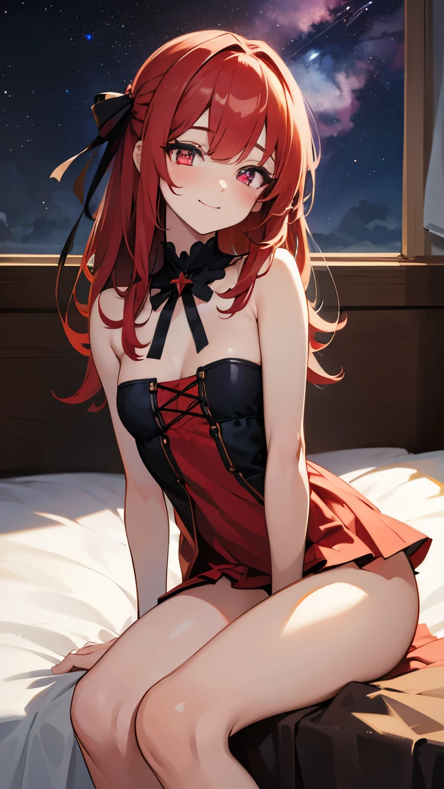 Prompt: (1girl), (li), hair into a ribbon, hair ribbon, black ribbon, medium long hair, red hair, on one side hair spiral, (beautiful red starry eyes:1.5), sidelocks, (small breast:1.2),
BREAK strapless red dress, black ribbon, black thighs 40,
BREAK indoors, laying on bed, sexy pose, cute,
BREAK looking at viewer, half closed eyes, smile, closed mouth, pervert look, NSFW, touching her skirt
BREAK (masterpiece:1.2), best quality, high resolution, unity 8k wallpaper, (illustration:0.8), (beautiful detailed eyes:1.6), extremely detailed face, perfect lighting, extremely detailed CG, (perfect hands, perfect anatomy), BREAK masterpiece, best quality, ultra-detailed, illustration, kawaii, detailed light, happy, smile, blush, Highlights hair, hair, beautiful detailed body, detailed sparkling eyes, 1girl, looking at viewer, cowboy shot, showing skin, buttocks, black tights tender 40, perfect limbs, on bed, legs open, show vaginal rupture, cum mouth BREAK ((correct five fingers)), ((correct hands)), ((correct arms)), ((correct legs)), ((correct feet’s))