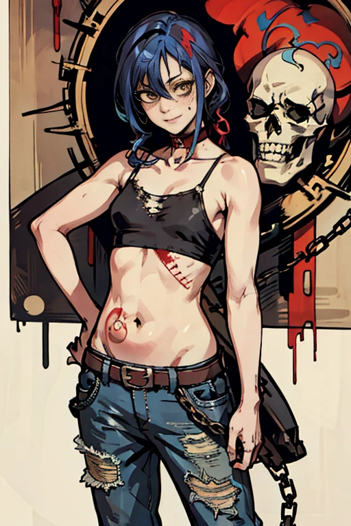 highest quality, High resolution,(A frame made up of chains and skulls),zombie girl、Bloody chainsaw、Splattering blood、amusement park、small eyes、small breasts, Mr.々colored hair, realistic, masterpiece, super detailed, 8K, epic 
