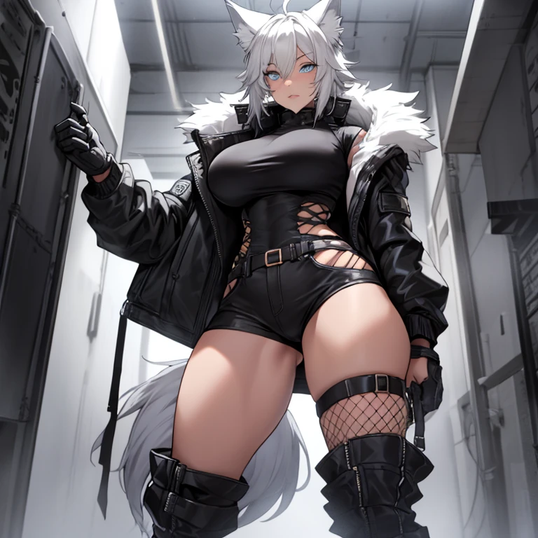 Single boy, Anime tomboy, Short, Long white hair, wolf ears, wolf tail, blue eyes, thigh high fishnets, black combat boots, wearing fur lined open jacket, nude, solo tomboy, only one female ((big breasts)) solo, alone, (SOLO)(ALONE) thicc thighs, wide hips, blue eyes, perfect eyes, perfect face, pouty lips, happy, (nipples), (pussy), ((nude)),