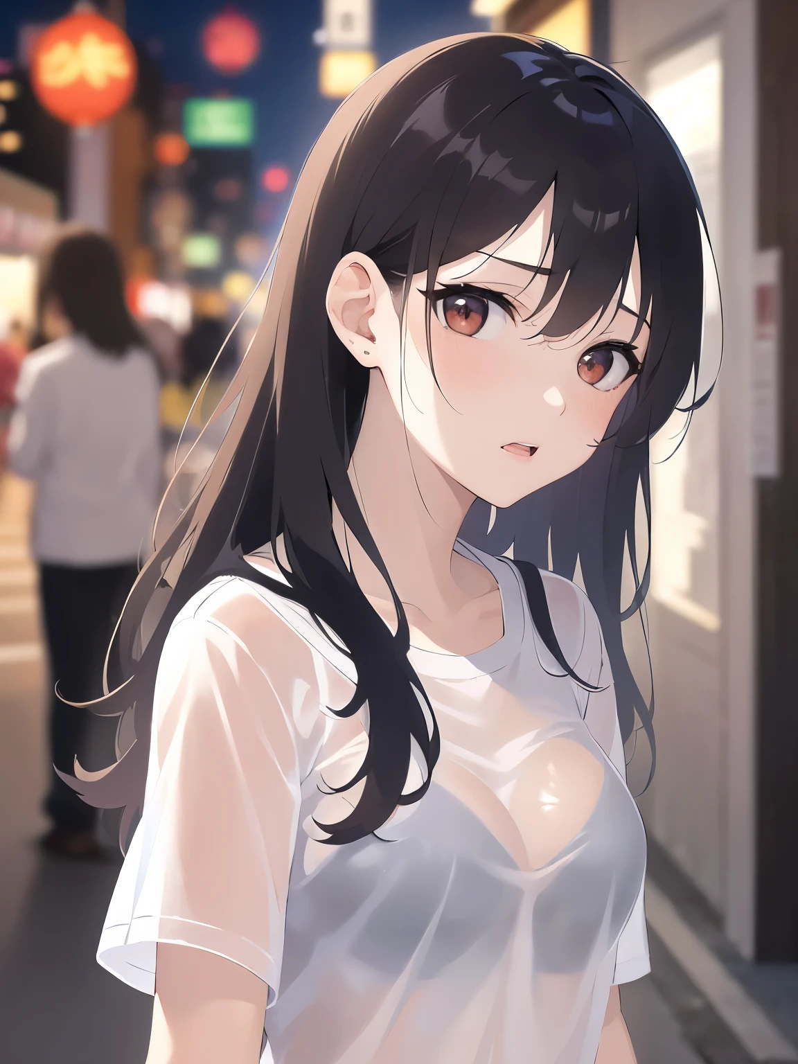 (see-through wet shirt, wet hair:1.2), side angle, (Resting hand on chin:1.3)、Upper Body, Realistic, real person, (pale skin: 1.2), RAW photo, photorealistic, portrait photography, shiny skin, japanese idol、shiny hair、(25 year old woman with medium hair with bangs) and (wavy hair) and (brown hair) and (orange eyes) , plain white t-shirt 、(sad:1.5), open mouth, The background is a shopping street at night、Alone、Are standing