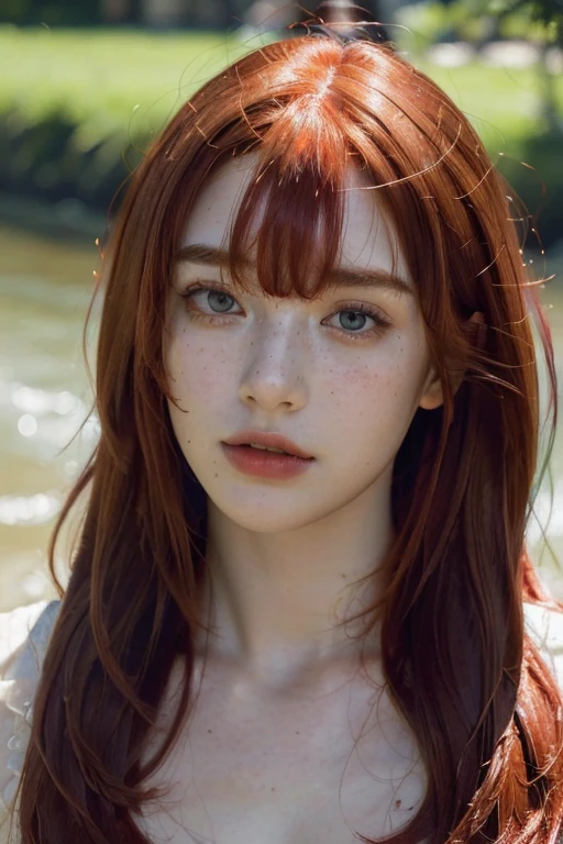 ( masterpiece, top quality, best quality,8k,17 years old girl,ultra detailed,raw photo:1.5),(photorealistic:1.4), (bangs, red hair:1.5), (cinematic lighting), PerfectNwsjMajic, , Surrealism, UHD, ccurate, Super detail, textured skin, High detail, Best quality, dynamic angle, White skin,[Beautiful blue eyes], high nose,[flat chest:large breasts:0.5],(1girl),(good anatomy:0.5)),(outside,river, portrait:1.5),dress, freckles,original face 
