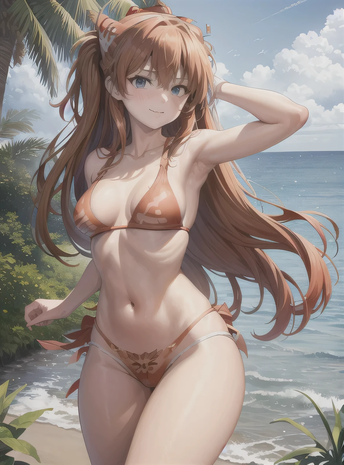 Asuka Langley Soryu, Evangelion, ((Asuka　Langley:1.5)), hair ornaments, beach, Palm tree, blue eyes, swimsuit, bikini, long hair, bangs, blue eyes, brown hair, hair ornaments, mature woman, looking at the viewer, cowboy shot, dutch angle, dynamic pose,joy,origin,(beautiful face),(realistic face, perfect eyes,1.1),analog style,RAW,real life photo,medium quality,normal aesthetic,break,1girl,(japanese girl:1.1),(round face:1.3),break,(intricate underwear),(masterpiece, highest quality, 16K), delicate, Detailed, Sharp, 1 girl, smile