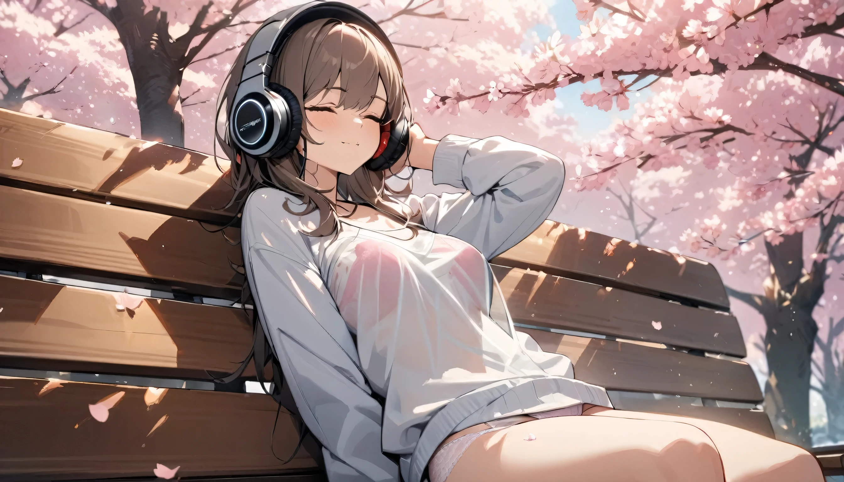 ((best quality)), ((masterpiece)), (detailed), perfect face, sitting under the cherry blossom tree, listening to music, One woman, wearing headphones, eyes closed, wearing underwear, underwear is transparent, sitting on a bench