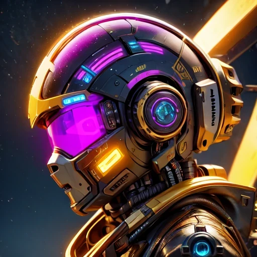 side close-up，a close up of a robot with a glowing head and a purple background, cyber mech, in style of beeple, cyberpunk pikachu, style hybrid mix of beeple, 3 d render beeple, cute elaborate epic robot, beeple masterpiece, cyberpunk art style, yellow mech, beeple!!, cyber steampunk 8 k 3 d（（（future）））（Telephoto micro-angle shift）