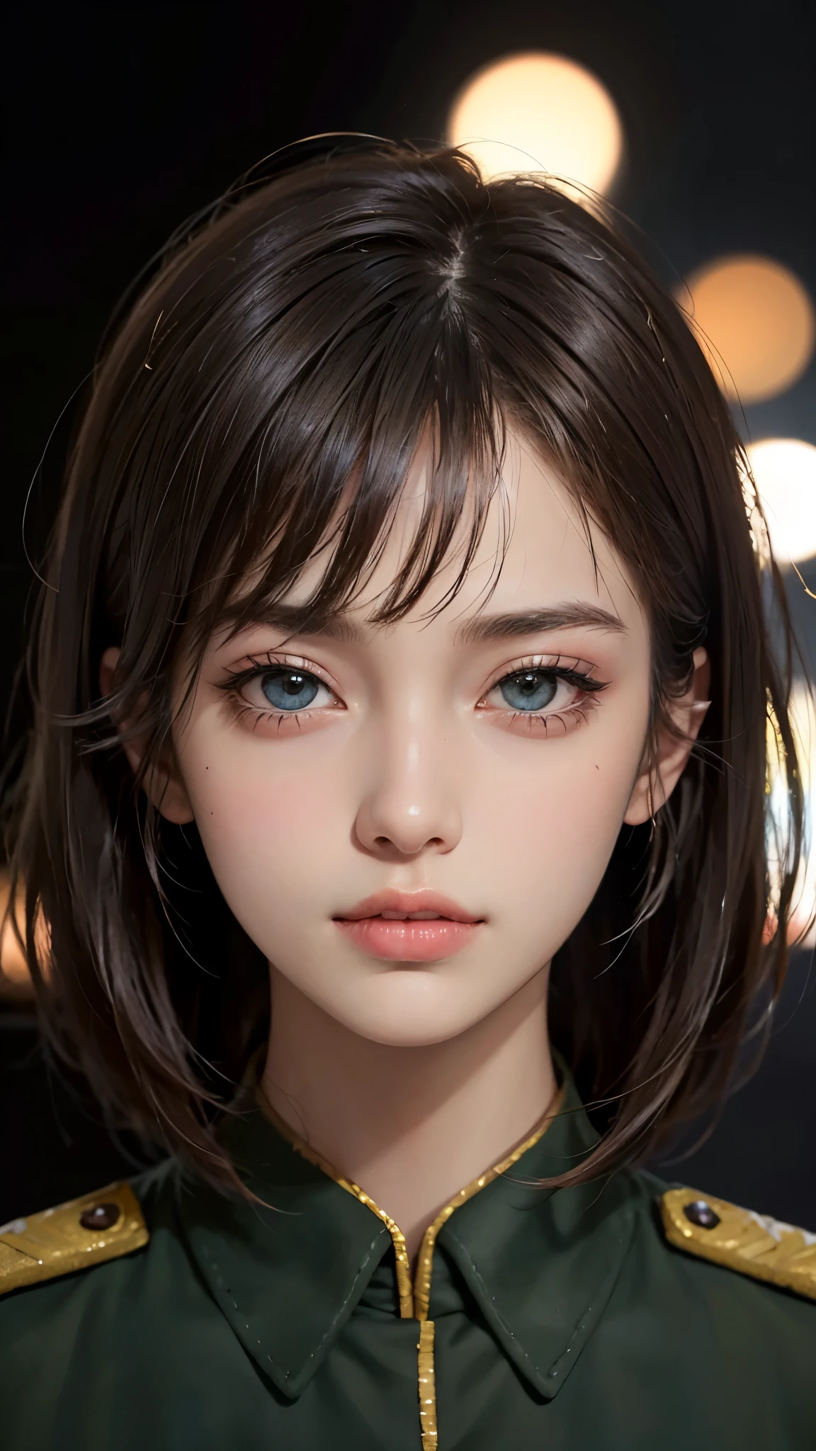 (UHD, retina, masterpiece, accurate, anatomically_correct, textured_skin, super_detail, high_details, high_quality, best_quality, high_res, 1080P, HD, 4K, 8k, 16k), (beautiful_detailed_eyes, beautiful_detailed_lips, extremely_detailed_eyes_and_face), soft_lighting, physically-based_rendering, vivid_colors, (shiny_hair, shiny_skin, tanned_skin, blush), (bangs:1.5), eye_reflection, (bokeh, simple_background), (military_uniform:1.5),