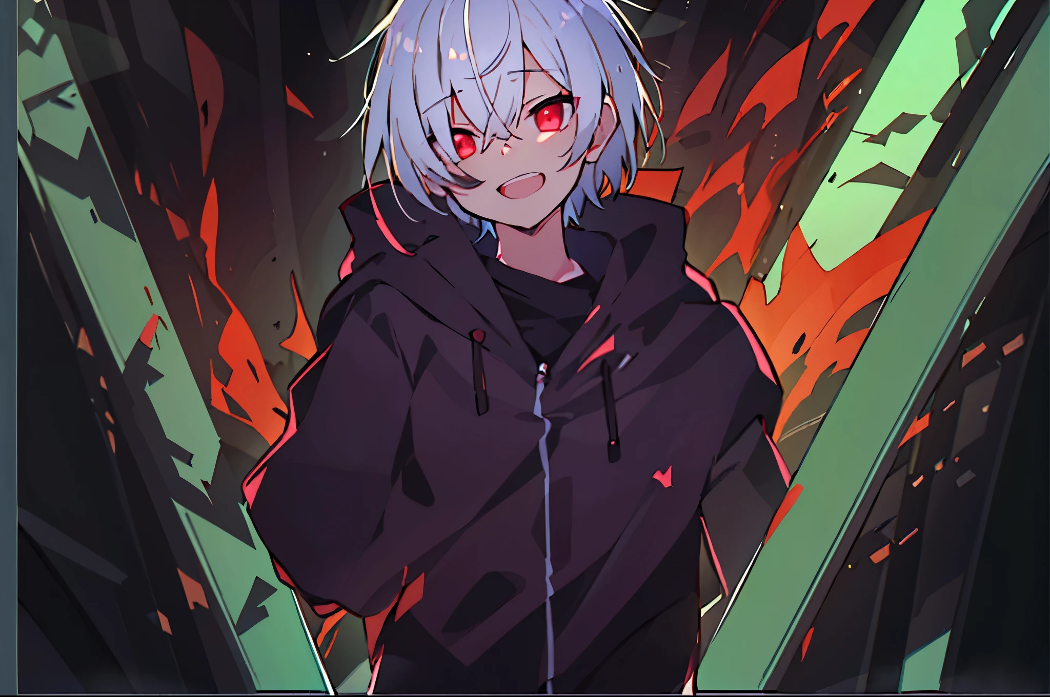 High resolution,close distance、solo、Anime boy with white hair and red eyes staring at the camera, glowing red eyes,slim, dressed in black clothes,Shadow Body,colorful background,hair is dirty,yameroyandere, diagonal angle、grinning、open your mouth、open mouth