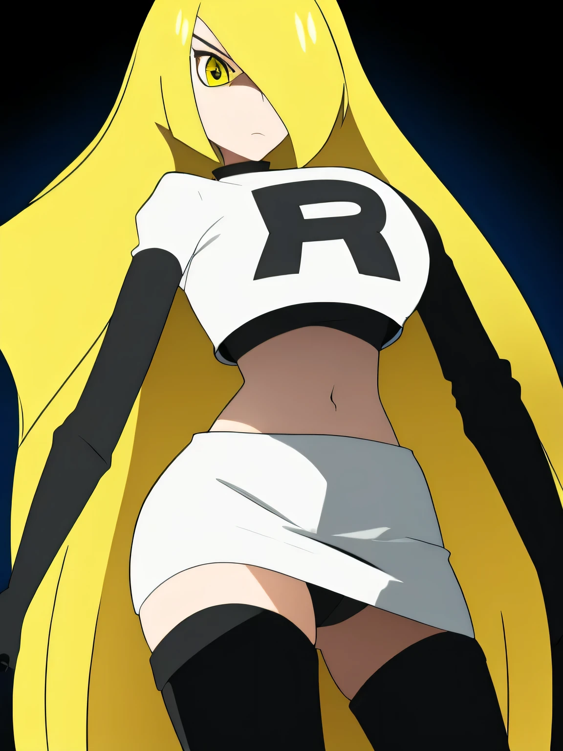 8k, masterpiece,highres,very large breast, team rocket uniform, red letter r, white skirt,white crop top,black thigh-high boots, black elbow gloves, glaring angrily, looking down at viewer, hands on hips, cowboy shot, zettai ryouiki,from below, black panties,anime style, vivid colors, sharp focus, intense lighting,pokemoncynthia, blonde hair, hair ornament, hair over one eye, long hair, (yellow eyes:1.5)