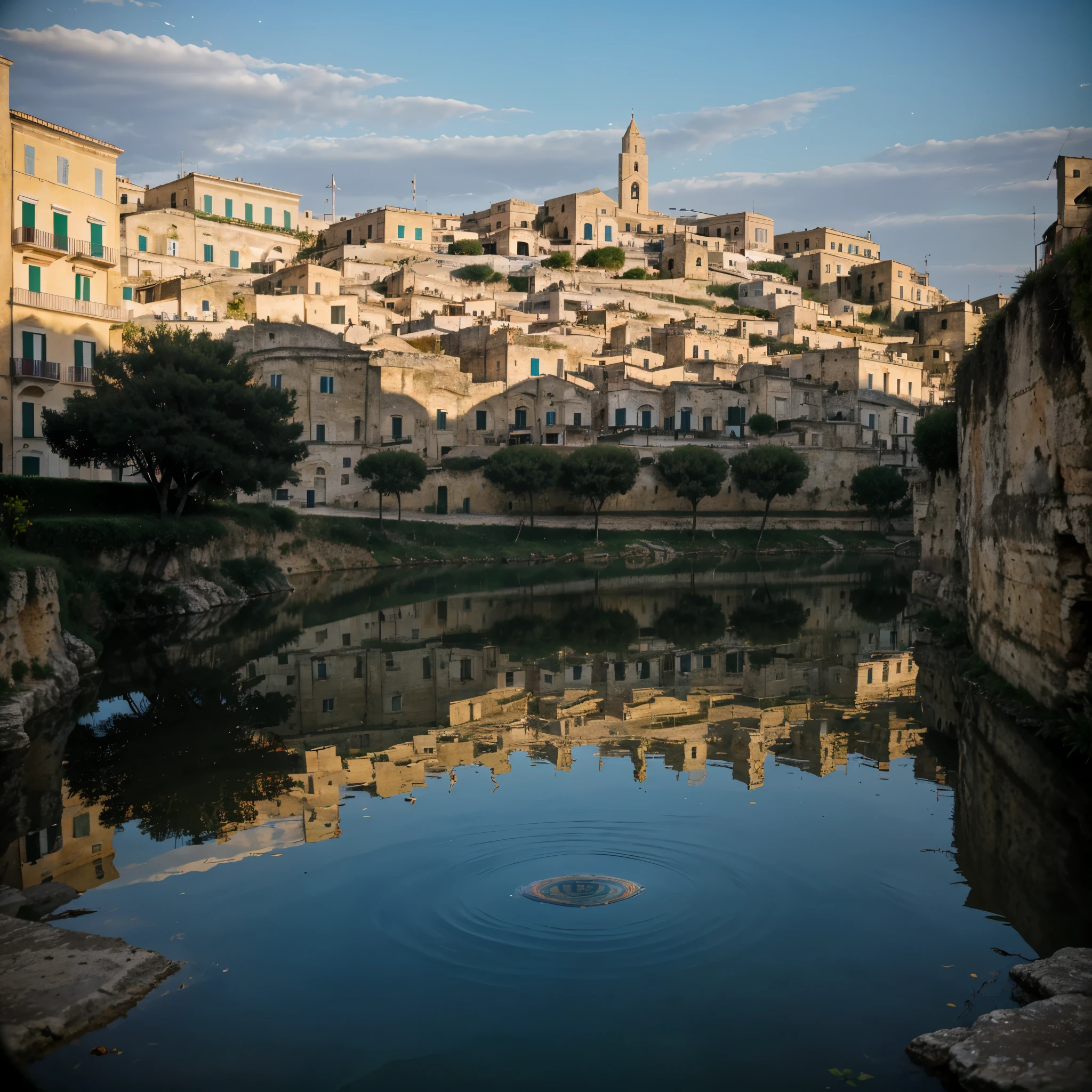 a giant eye emerges from the waters of a lake in town of Matera, (sassi_di_matera). reflection in the water is a real sight. The eye emerges from the waters during a starry night, high quality, realistic lighting, center of the picture, (a giant eye is reflected on the water), clear and quiet water surface, starry sky, sassi_di_matera in background, (the eye is perfectly reflected on the water), (perfect reflections)