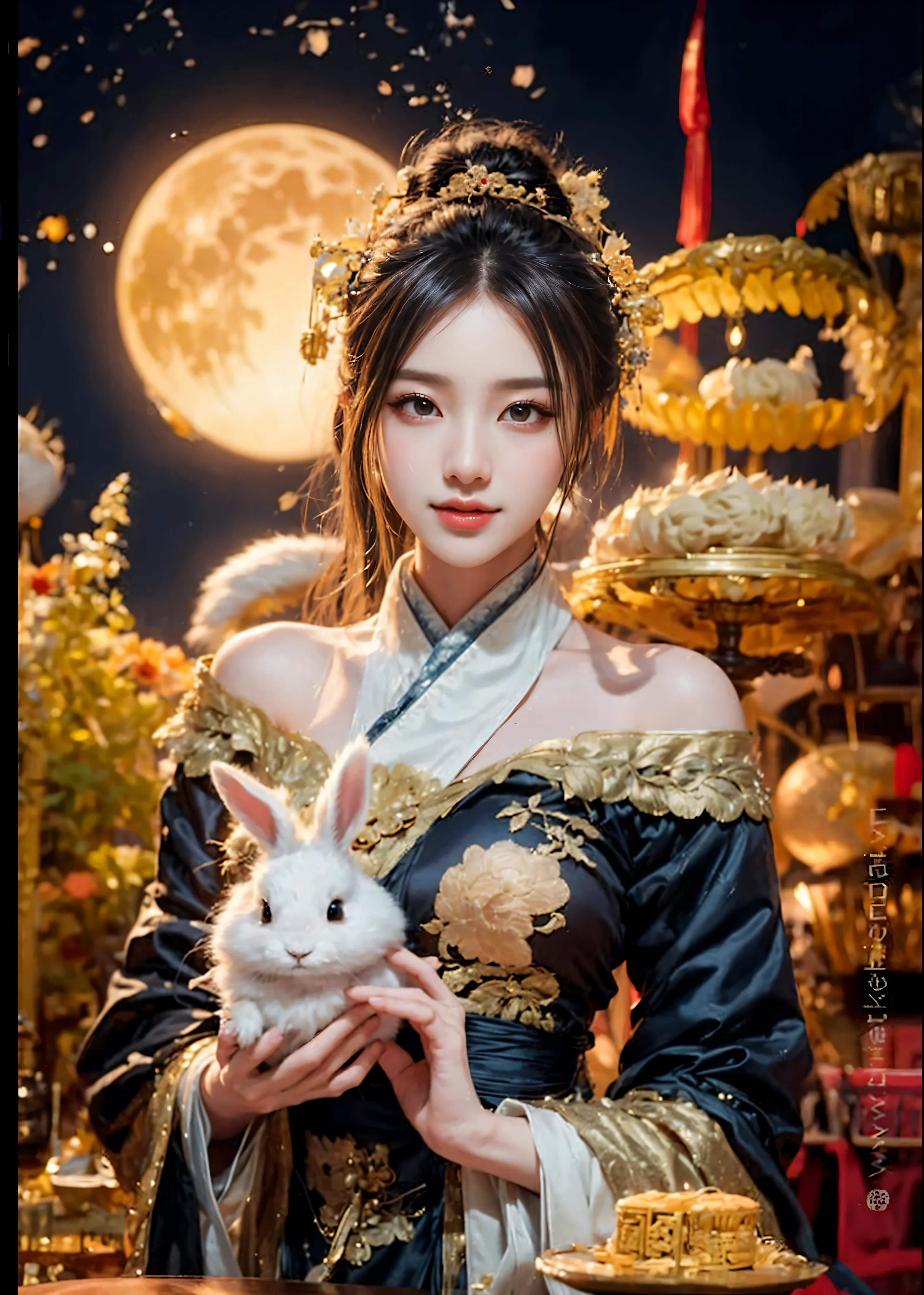 a woman in a black dress holding a white rabbit, palace , a girl in hanfu, chinese style, trending on cgstation, hanfu, traditional chinese, by Yang J, inspired by Lan Ying, chinese costume, inspired by Wu Bin, chinese fantasy, chinese girl, ((a beautiful fantasy empress)), chinese princess, a beautiful fantasy empress